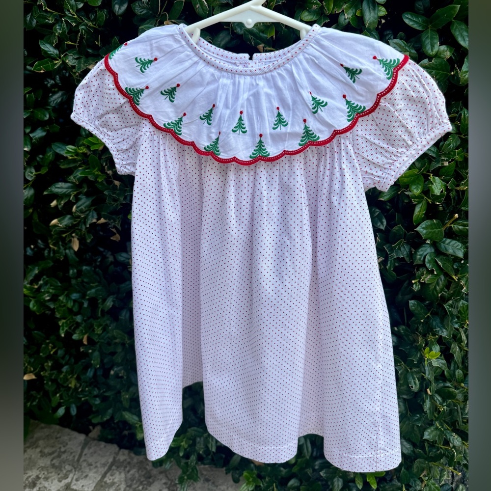 James & Lottie - White Dress w/Red Polka Dots & Scalloped Collar w/X-Mas Trees